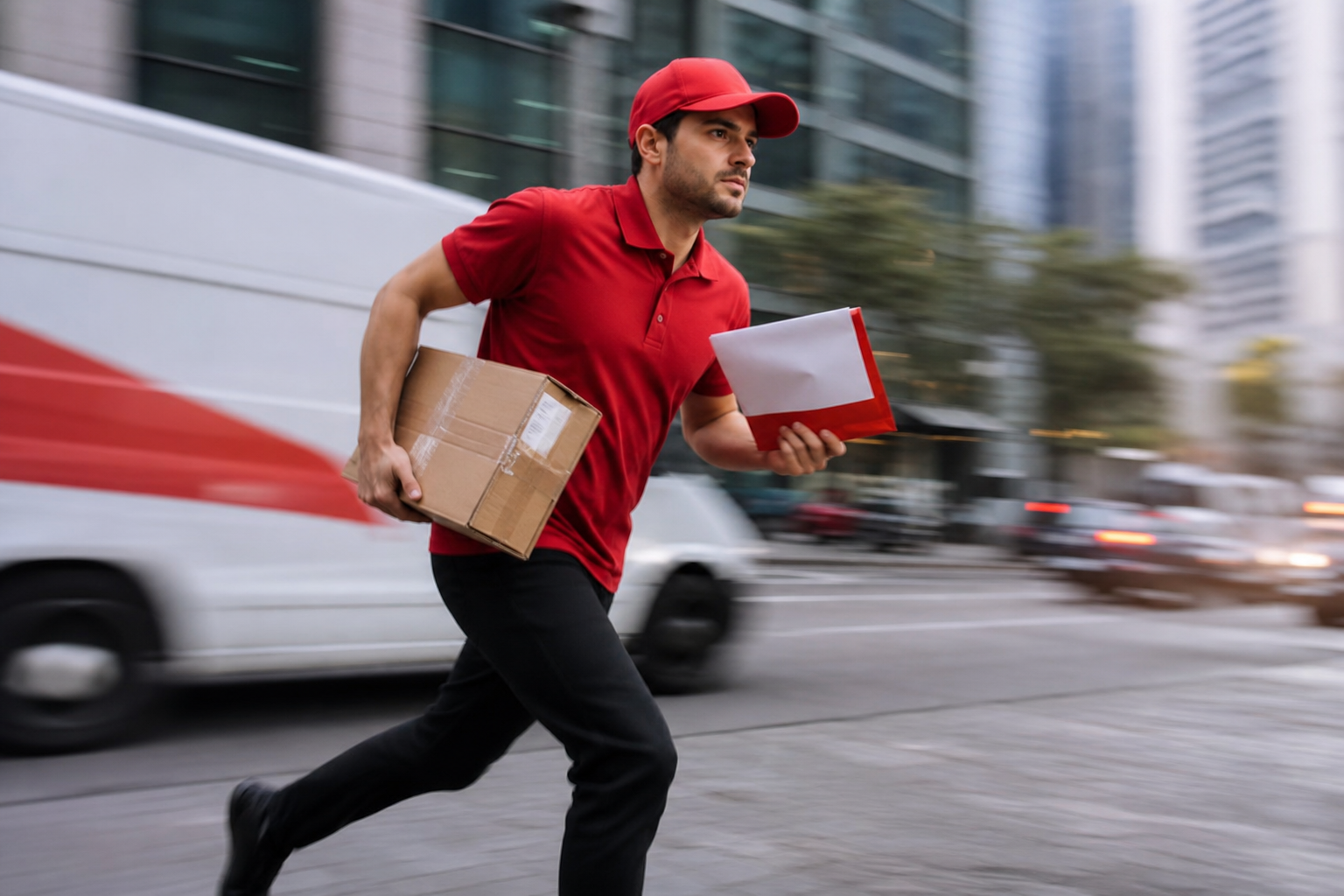 Express courier rushing an urgent parcel delivery