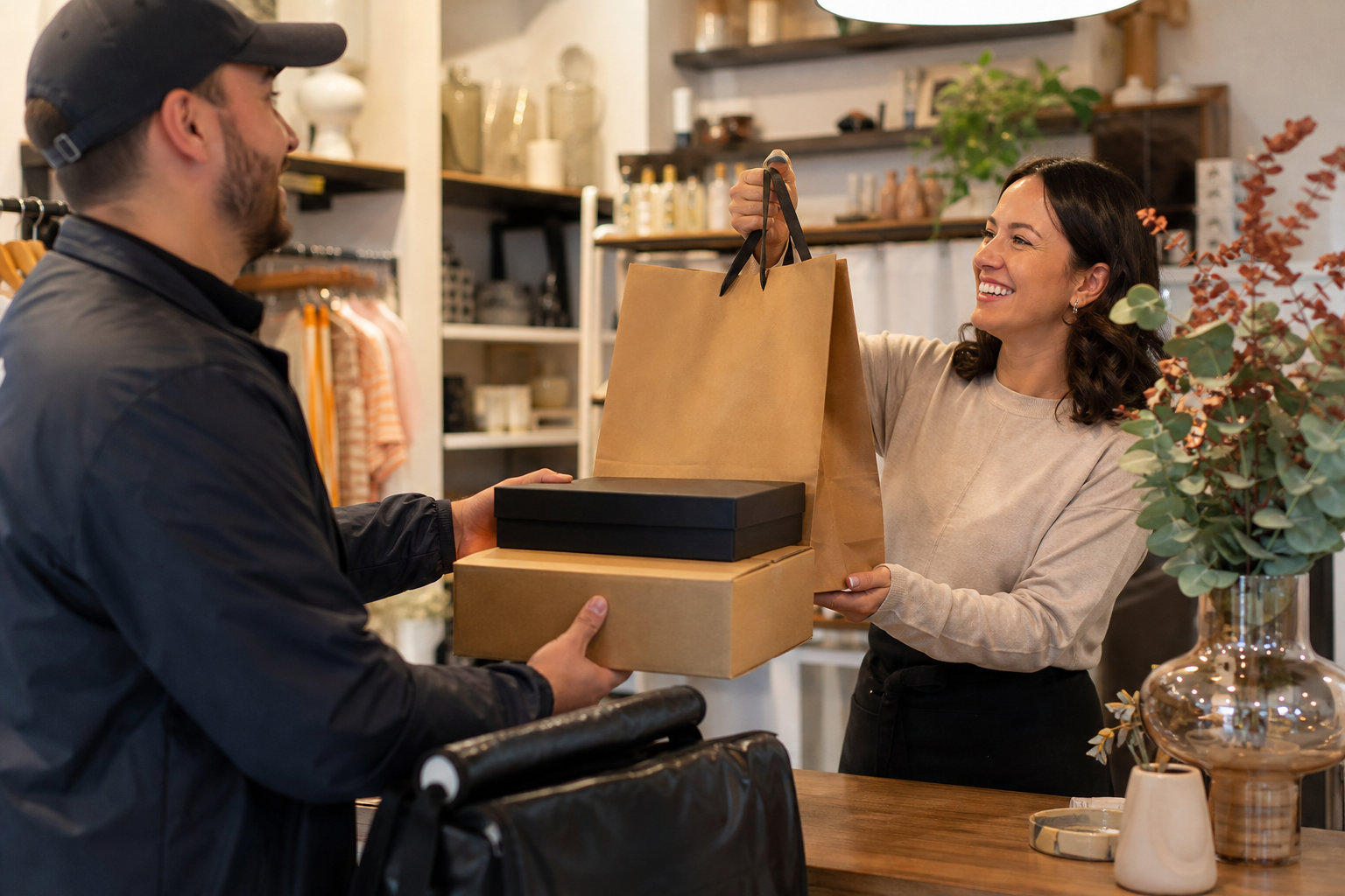 Courier collecting packages from a local retail store